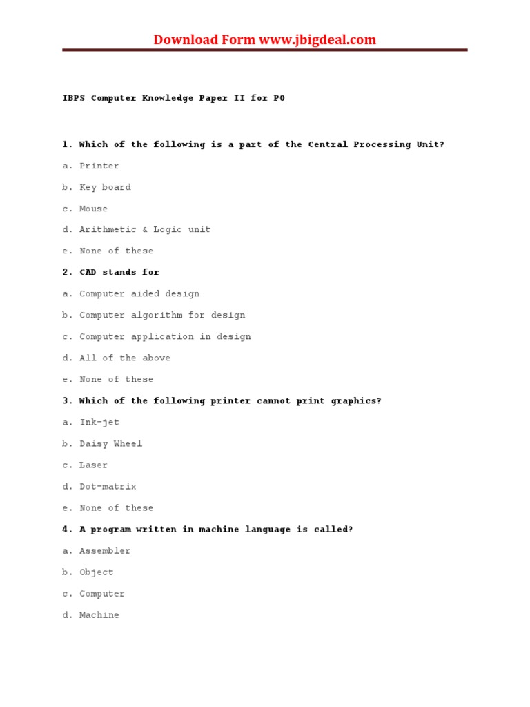 IBPS PO Computer Knowledge Quiz | PDF | Bit | Printer (Computing)