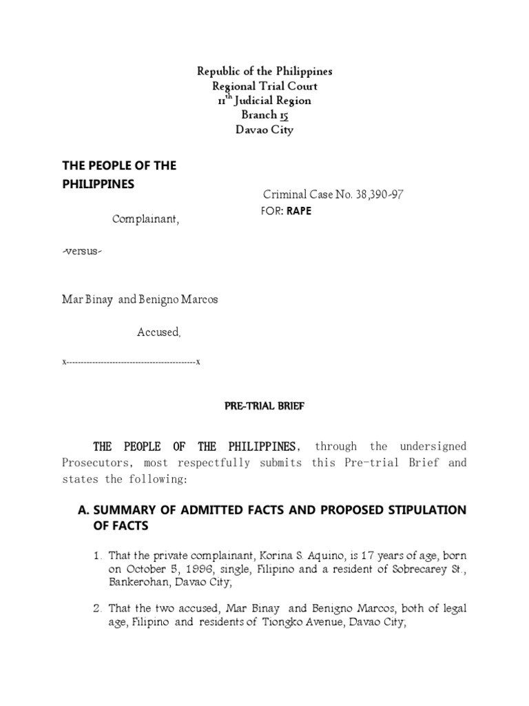 Pre Trial Brief Criminal sample | Rape | Affidavit