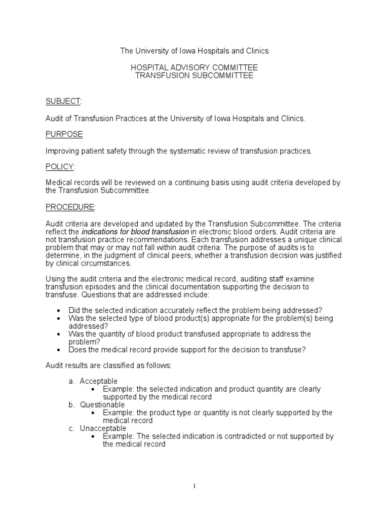 Audit Criteria Transfusion | Bleeding | Blood Transfusion