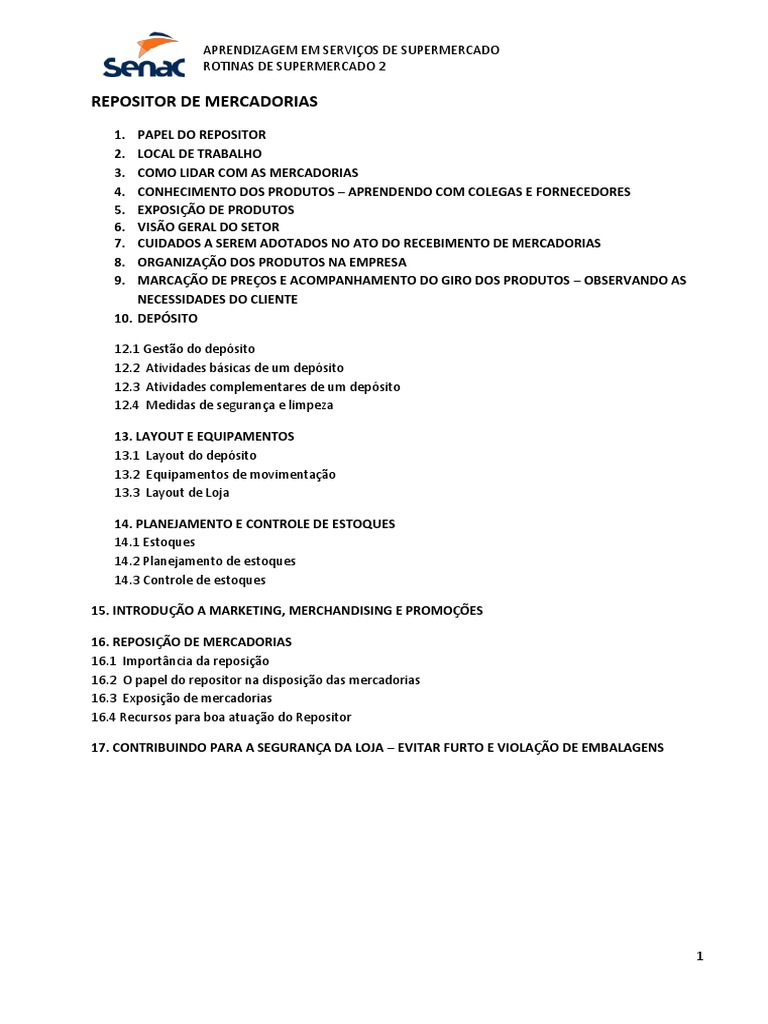 Funções do Repositor de Mercadorias | PDF | Supermercado | Proteção ao ...