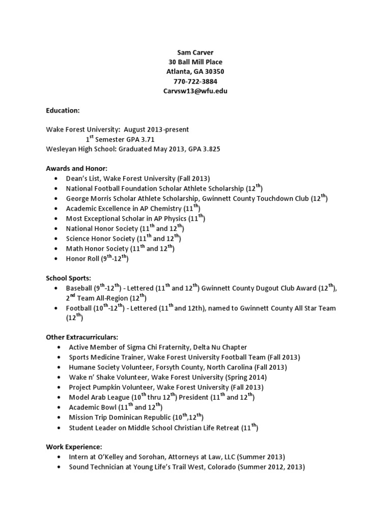 Sam Carver's Academic and Athletic Profile | PDF