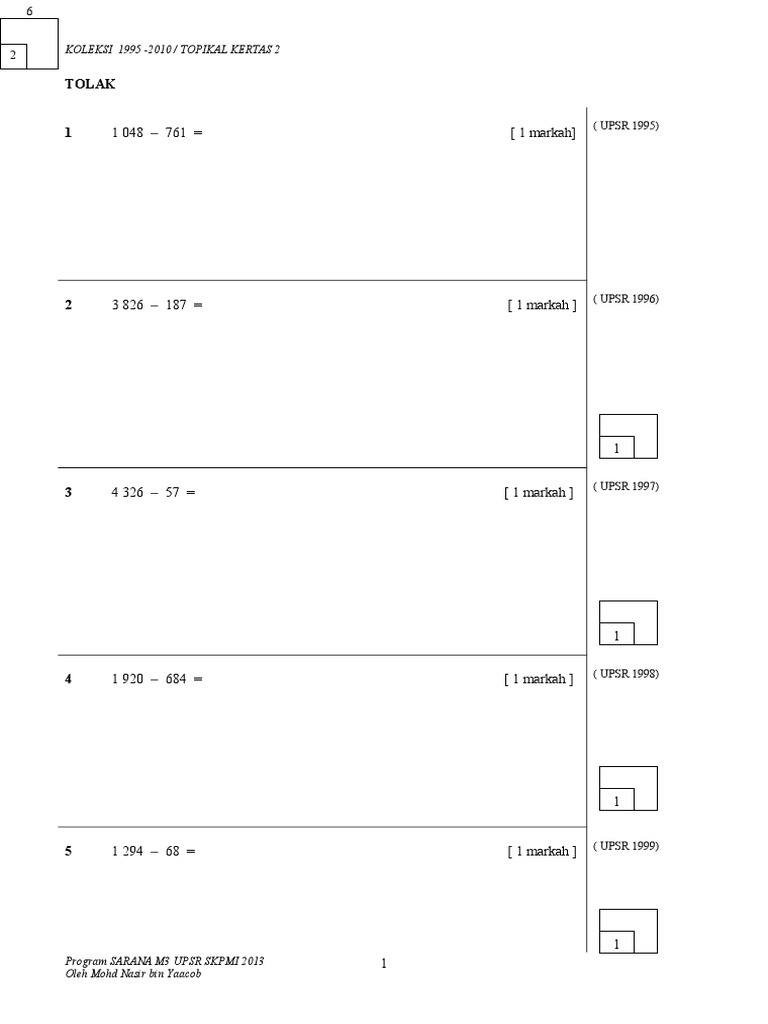 UPSR 1995-2010 Math Problems | PDF