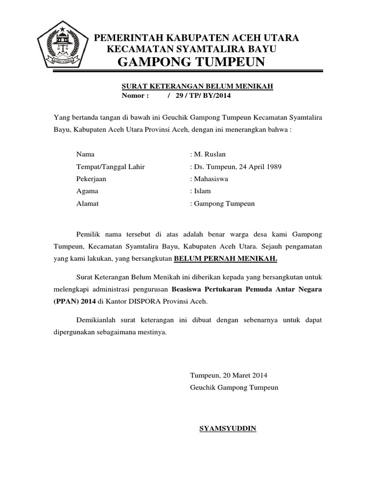 Surat Keterangan Belum Menikah