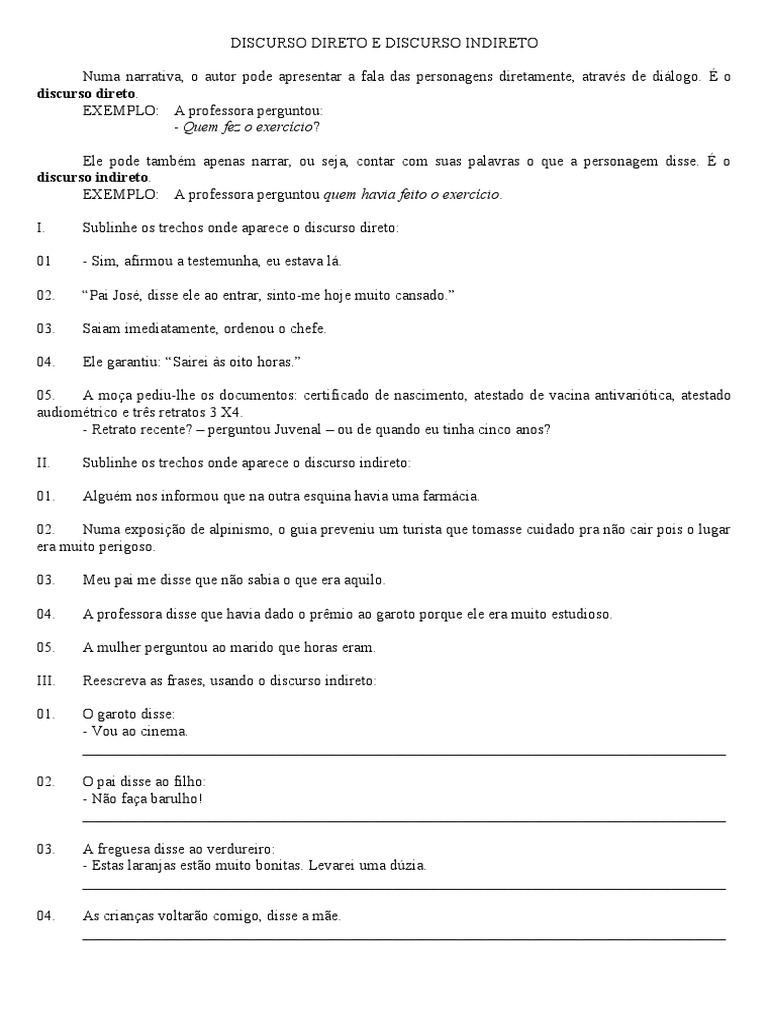 Atividade Discurso Direto Indireto 8º Ano | PDF | Discurso | Lazer