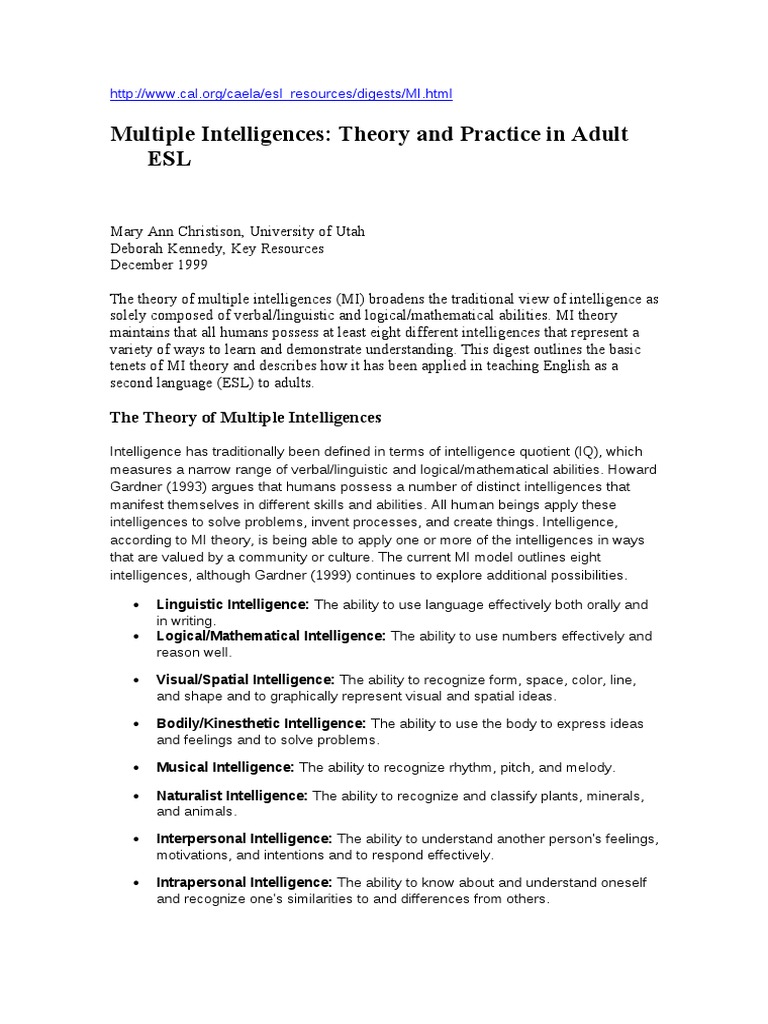 Multiple Intelligences in Adult ESL Teaching | PDF | Intelligence ...