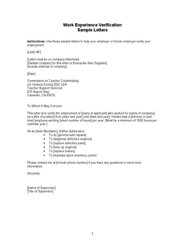 Sample Letters Work Experience Verification