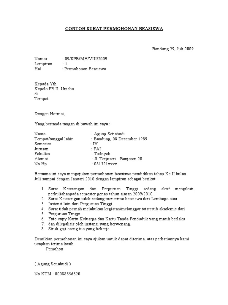Contoh Surat Permohonan Beasiswa