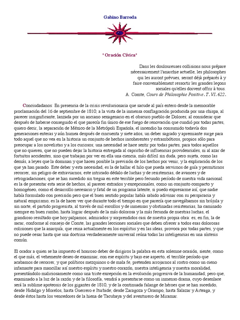 Gabino Barreda Oración cívica 1867 Spain Science
