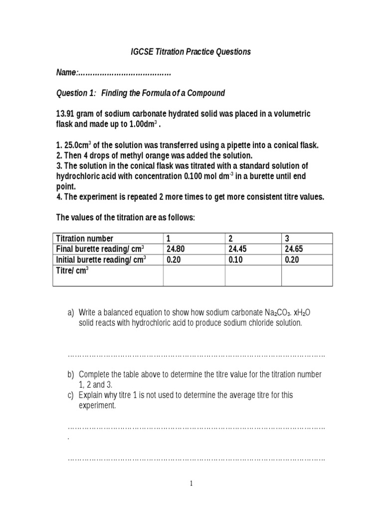 IGCSE Titration Practice Questions