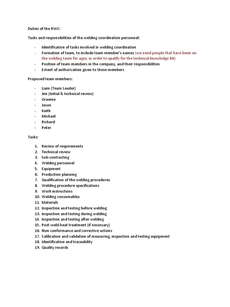Duties Of The Rwc Download Free Pdf Welding Construction