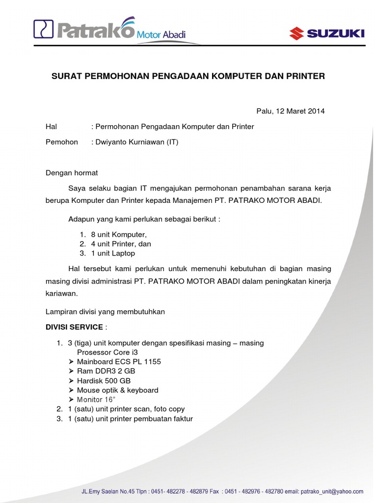 Contoh Surat Permohonan Pembelian Printer