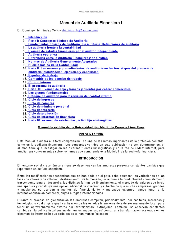 Manual Auditoria Financiera I | PDF | Auditoría financiera | Contralor