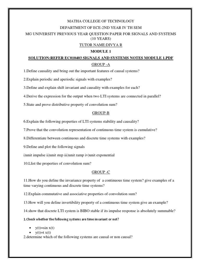 Signals and Systems Exam Questions | PDF | Fourier Transform | Spectral ...