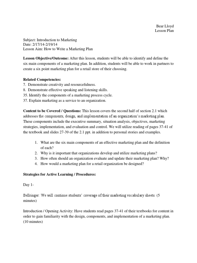 marketing plan evaluation example