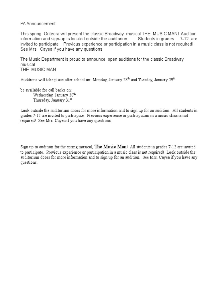 Auditions for The Music Man Musical | PDF | Language Arts & Discipline