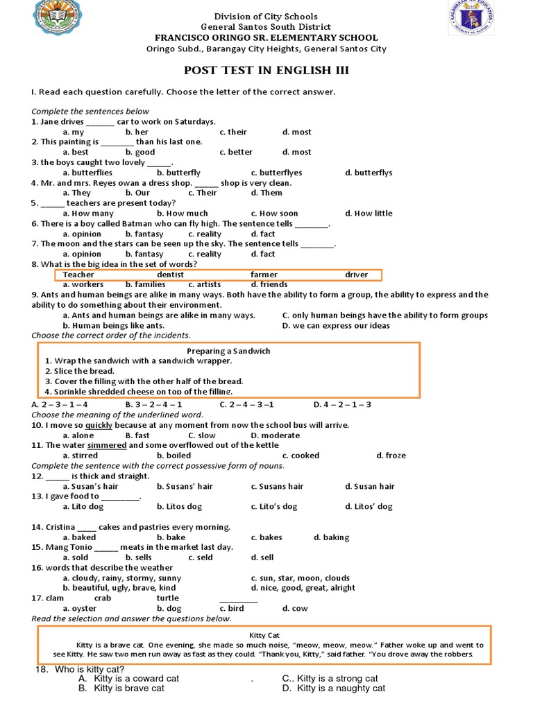 POST Test Filipino Grade III Foods