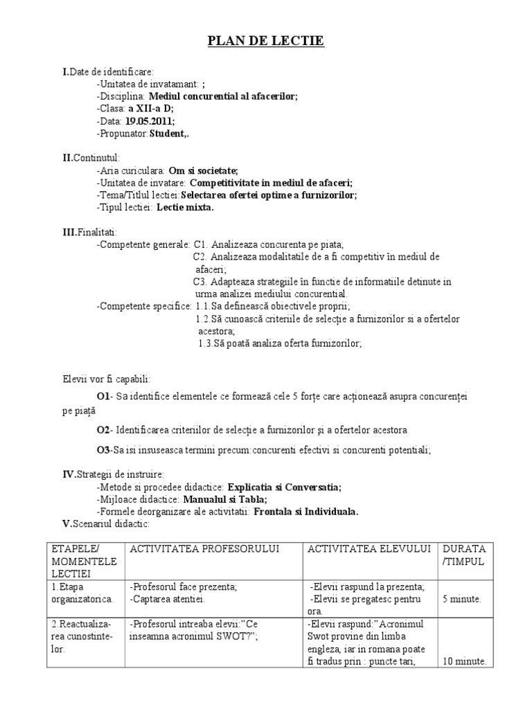 Plan de Lectie | PDF
