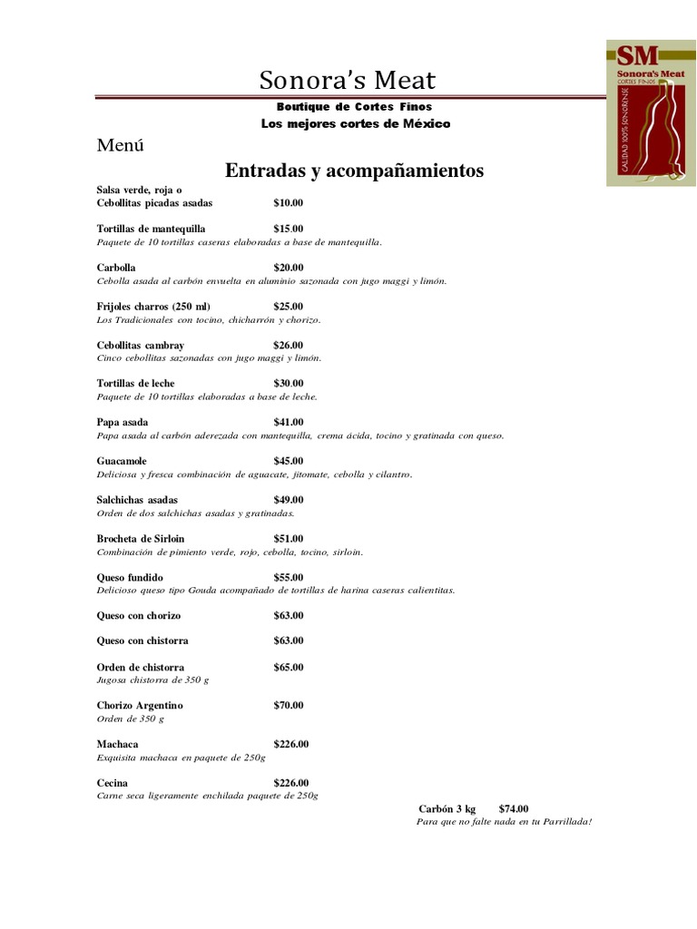 (117892899) MENÚ SONORA´S MEAT (1) PDF Taco Cocina latinoamericana