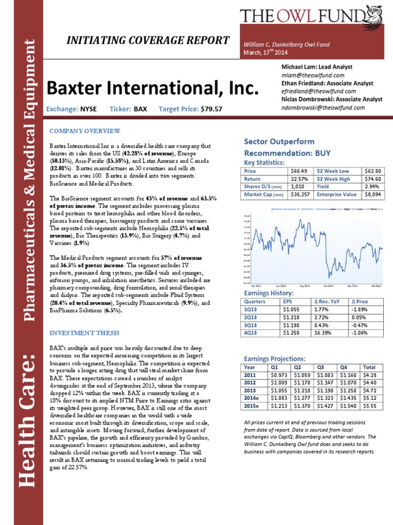 Baxter International, Inc. Initiating Coverage Report PDF Cost Of