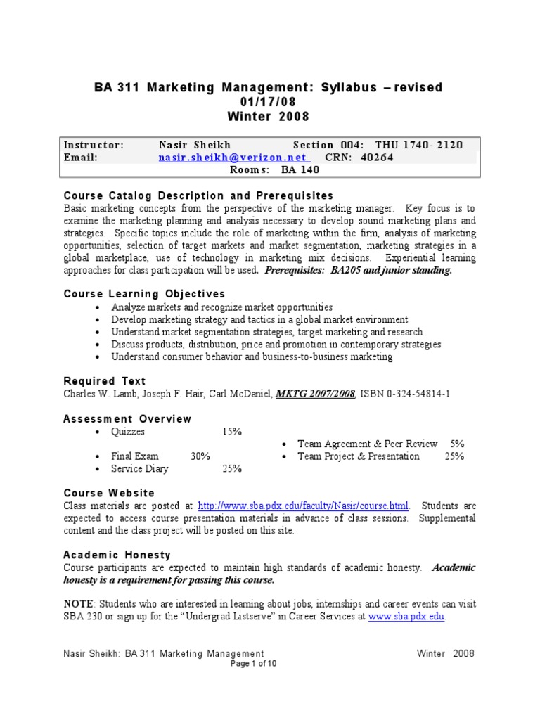 Syllabus - Marketing Management | PDF | Market Segmentation | Strategic ...