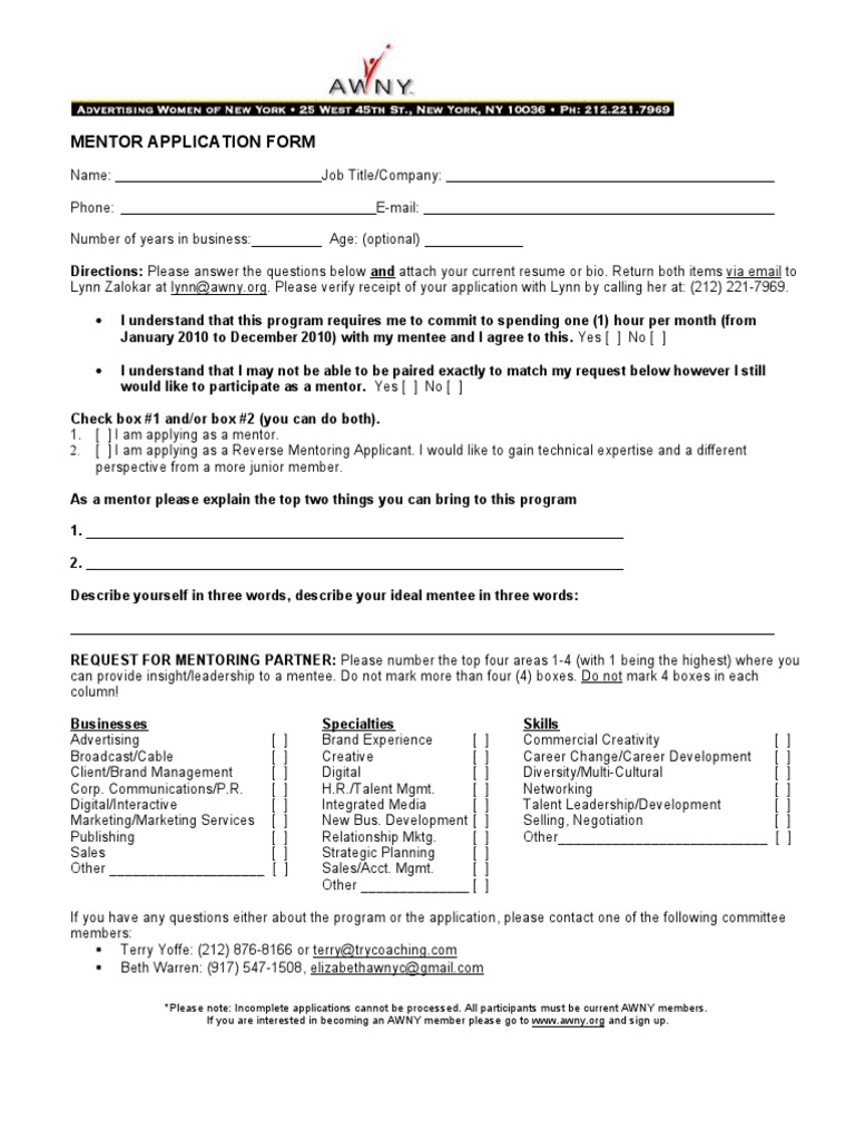 Mentor Application Form Mentorship Business Economics
