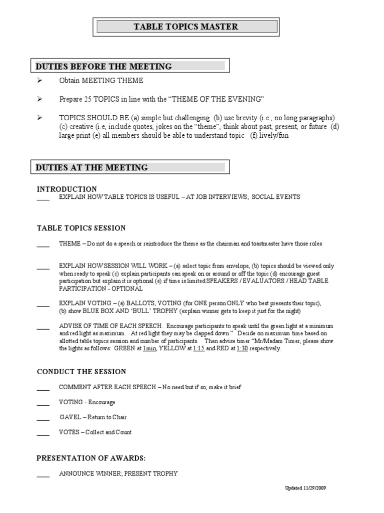 Table Topics Master Checklist PDF