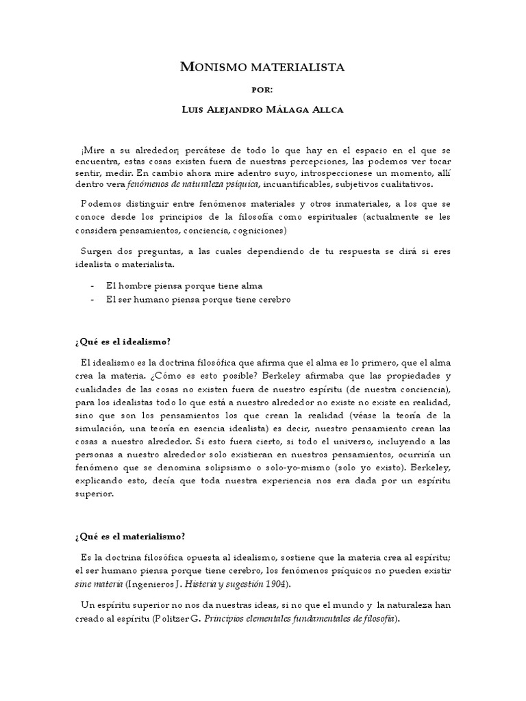 Monismo Materialista: Mente y Cuerpo | PDF | Monismo | Filosofía de la ...