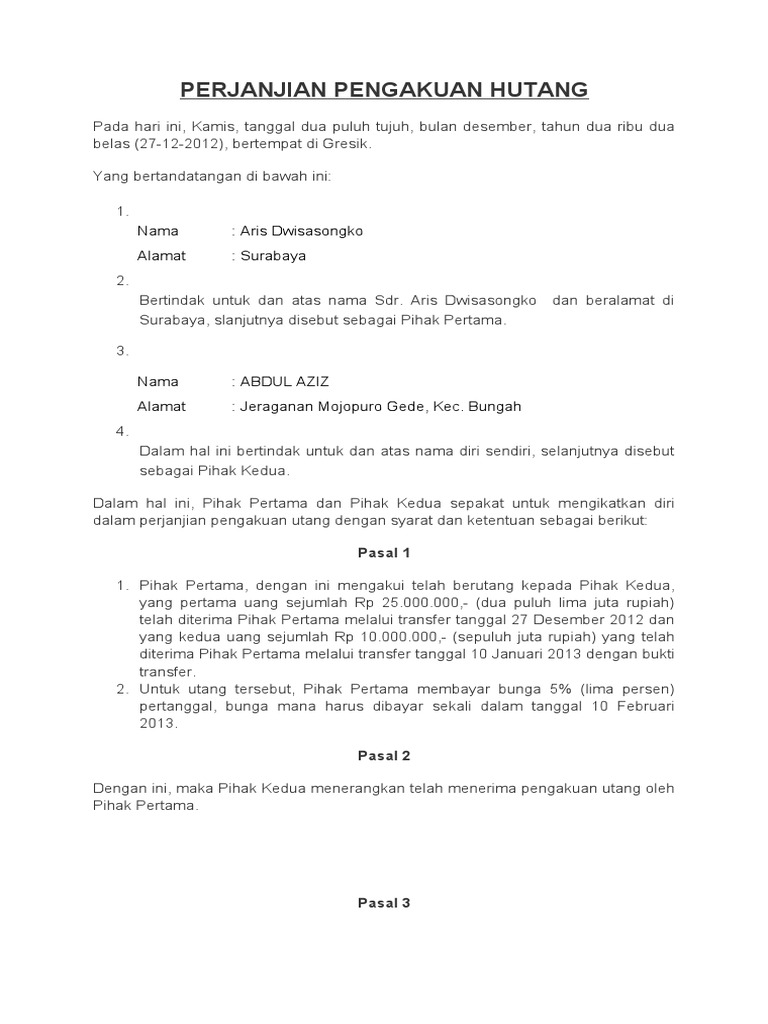 Perjanjian Pengakuan Hutang Pdf