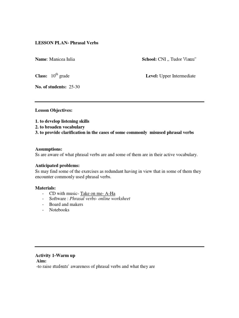 Phrasal Verbs Lesson Plan for 10th Grade | PDF