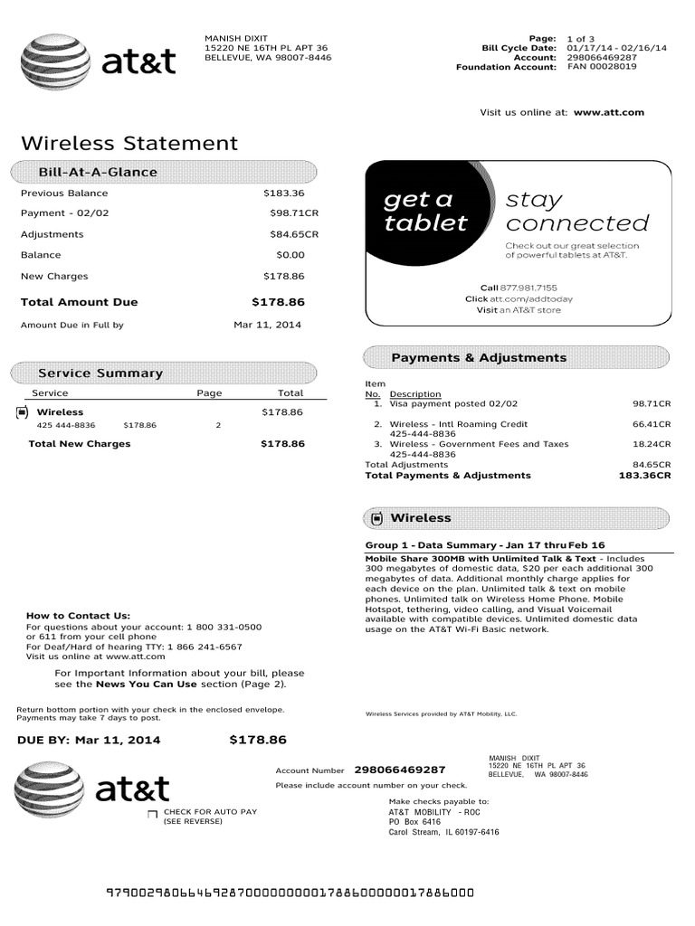 AT&T Wireless Bill Summary | PDF | Fee | Cheque