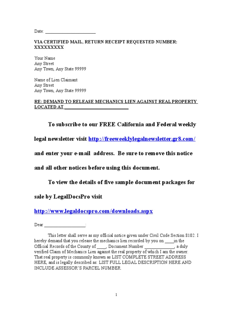Sample Mechanics Lien Release Demand Letter for California Service Of