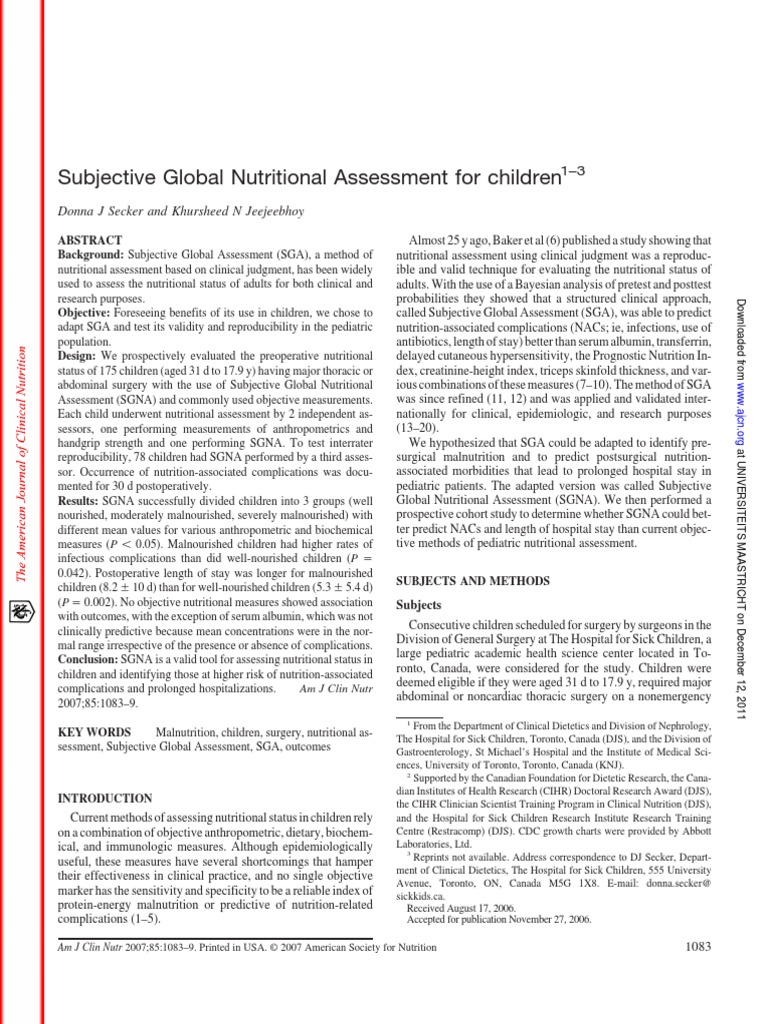 Subjective Global Nutritional Assessment For Children: Donna J Secker ...