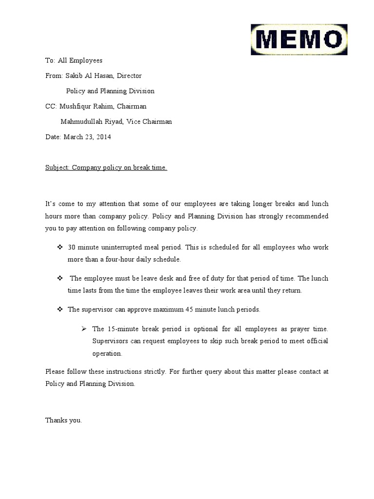 Memo How to write a memo on break time Memo How to write a memo on break time