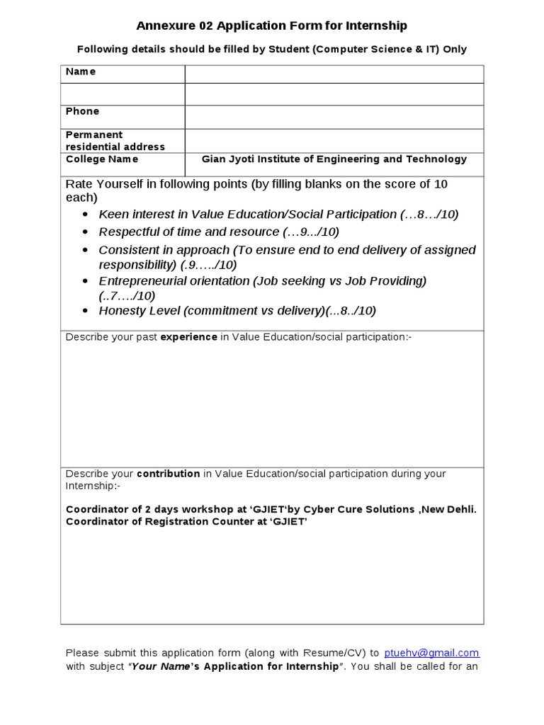 Internship Application Form CS/IT | PDF