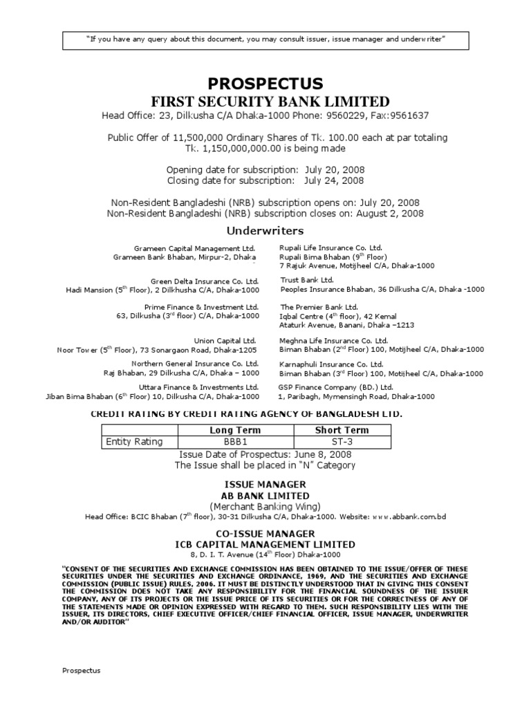 Prospectus of First Security Bank PDF Initial Public Offering