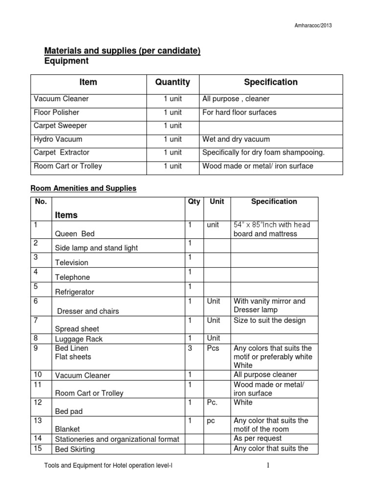 Materials and Supplies For Hotel Operation PDF Housekeeping