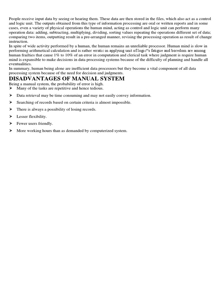 Disadvantages of Manual System PDF Central Processing Unit Usability