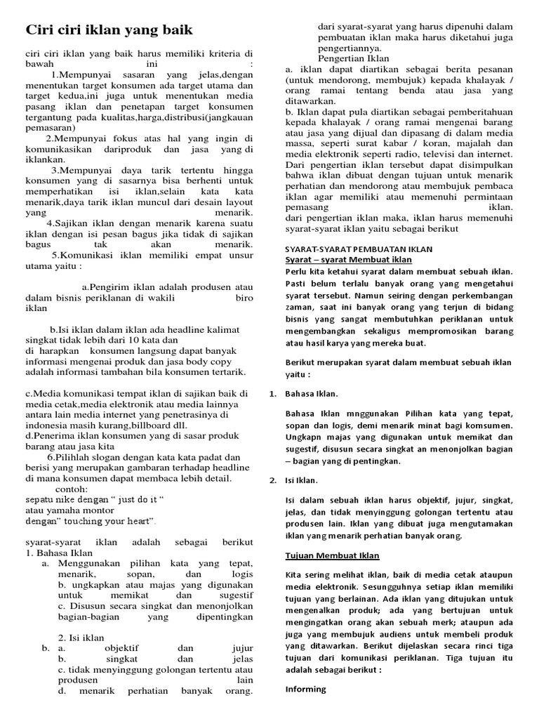Ciri Ciri Iklan Yang Baik