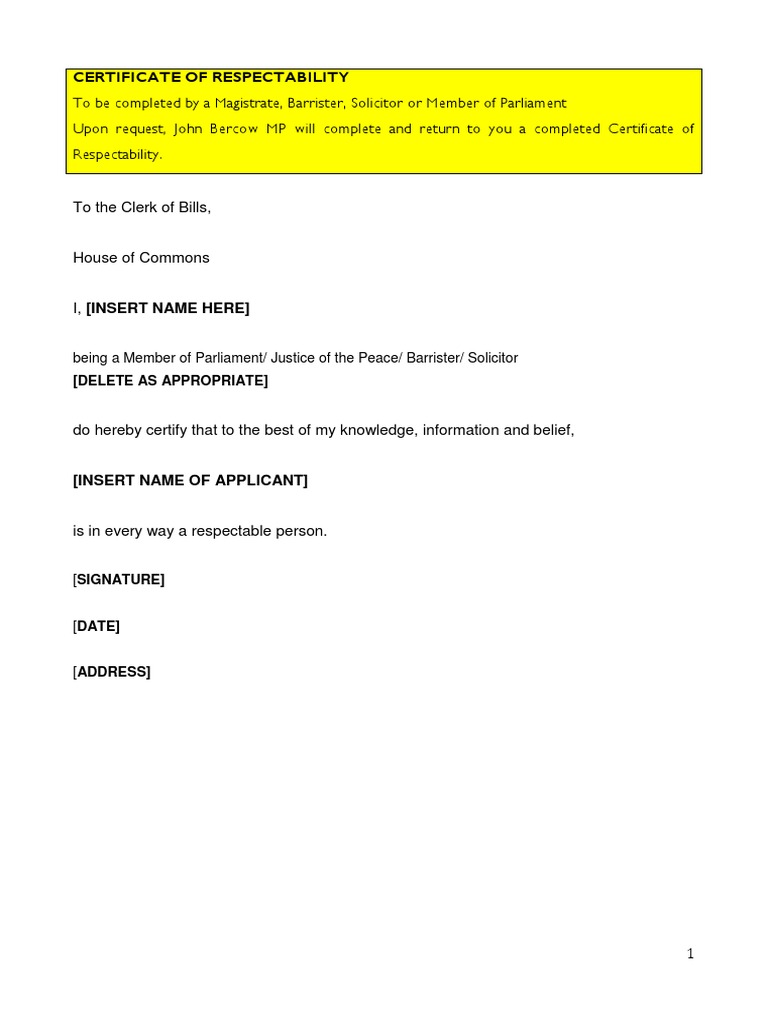 Certificate of Respectability Template | PDF