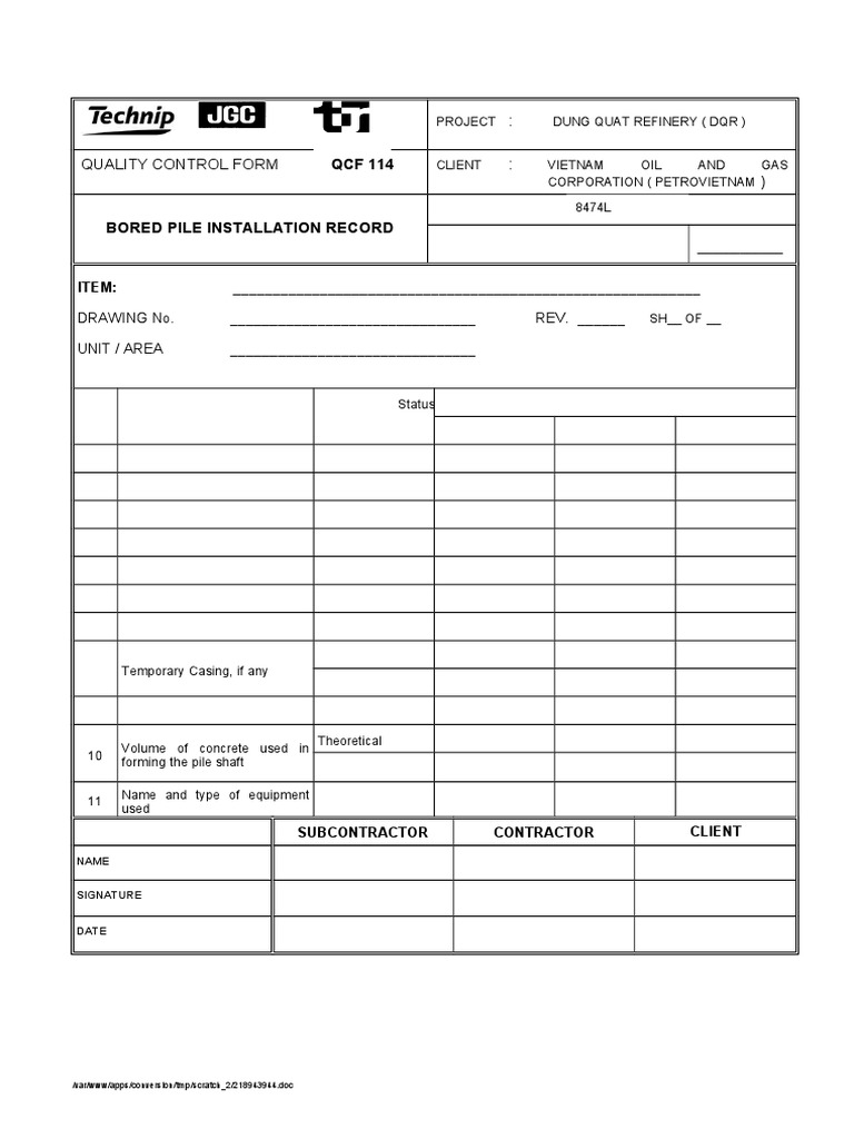 Bored Pile Installation Record | PDF