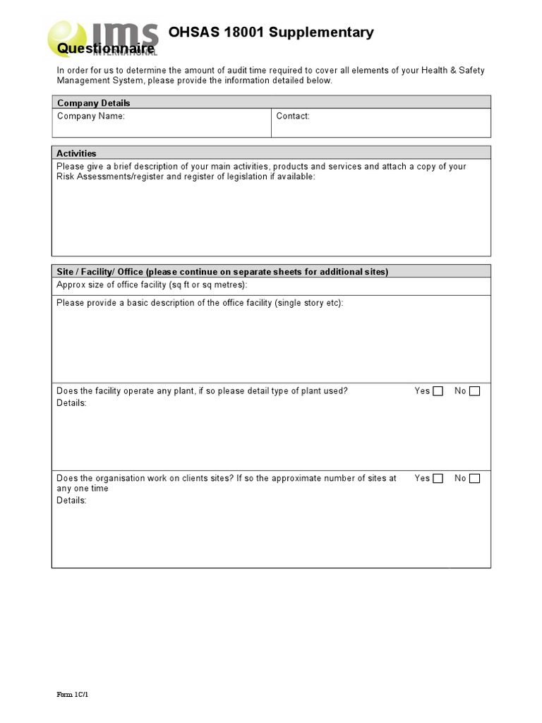 Form 01C Issue 1 18001 Questionnaire | PDF | Safety | Business