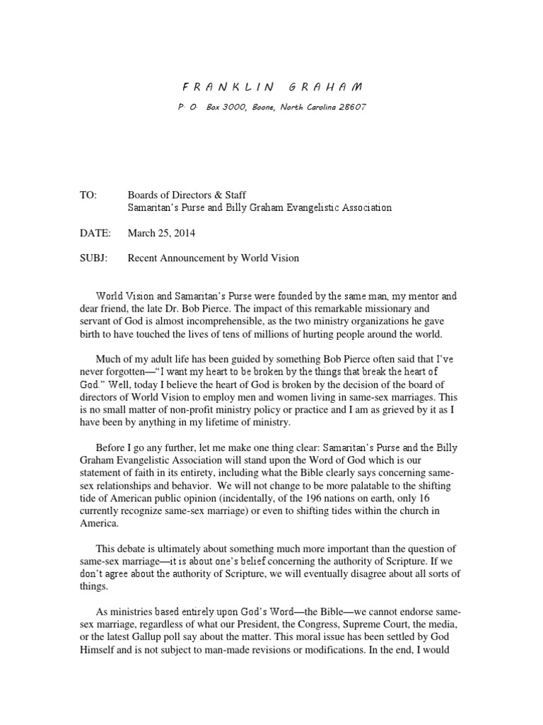 Franklin Graham On World Vision | PDF | Billy Graham | Marriage