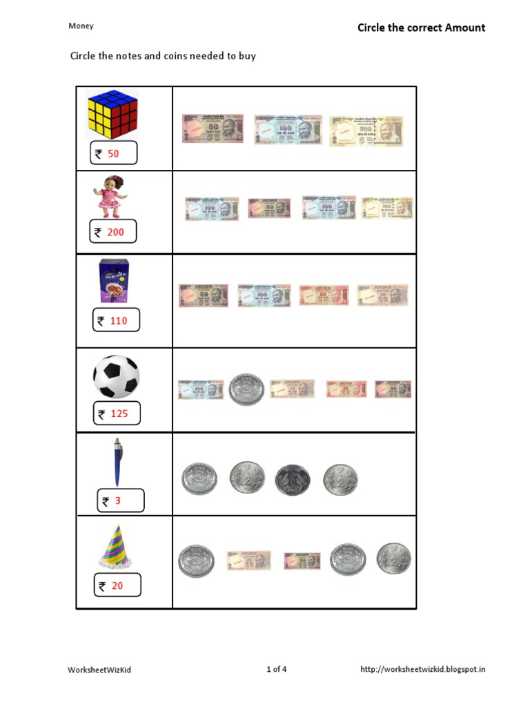 Coins and Notes Worksheet for Kids | PDF