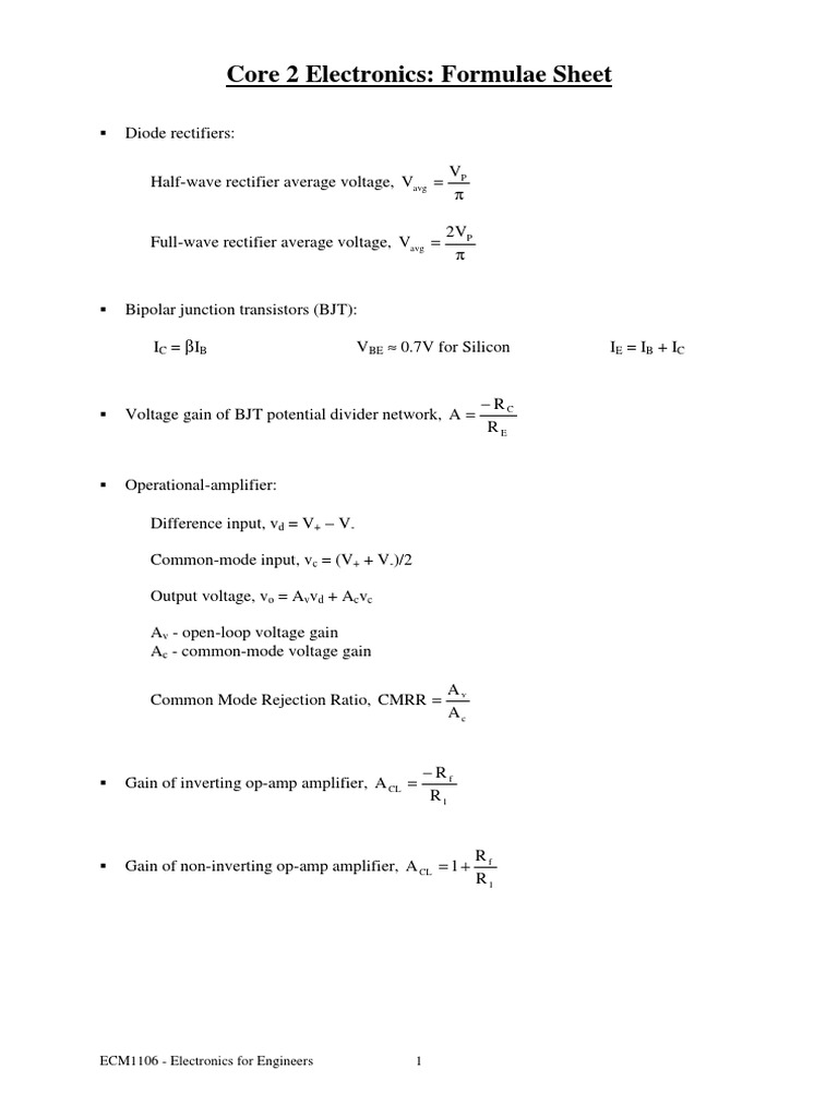 Core Electronics Formulae for Engineers | PDF