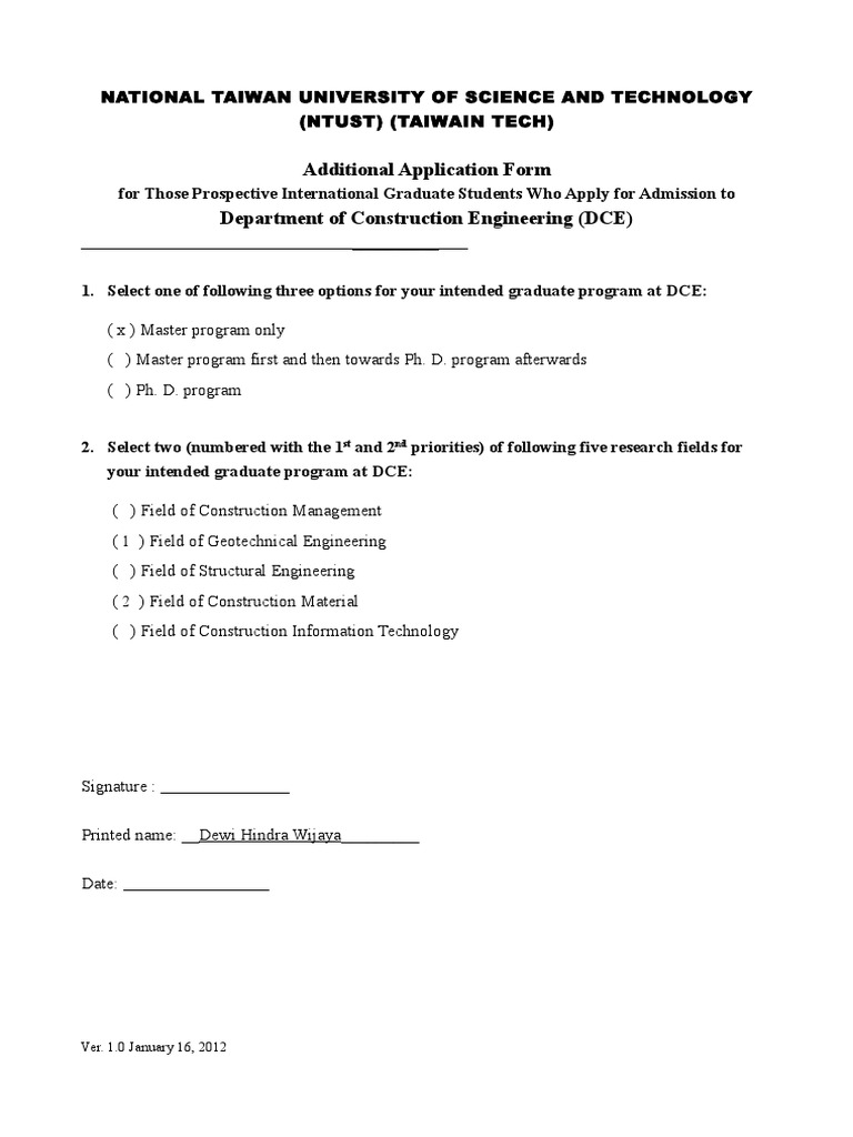 NTUST Graduate Program Application Form | PDF | Universities And ...