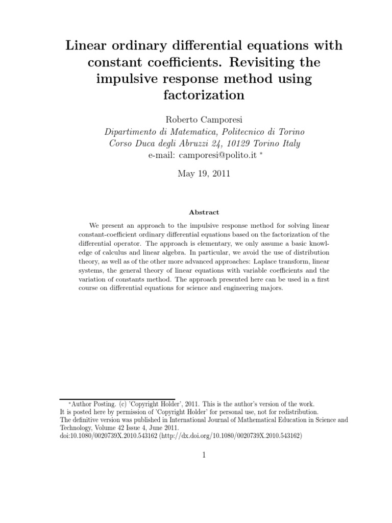 Linear Ordinary Differential Equations With Constant Coefficients ...