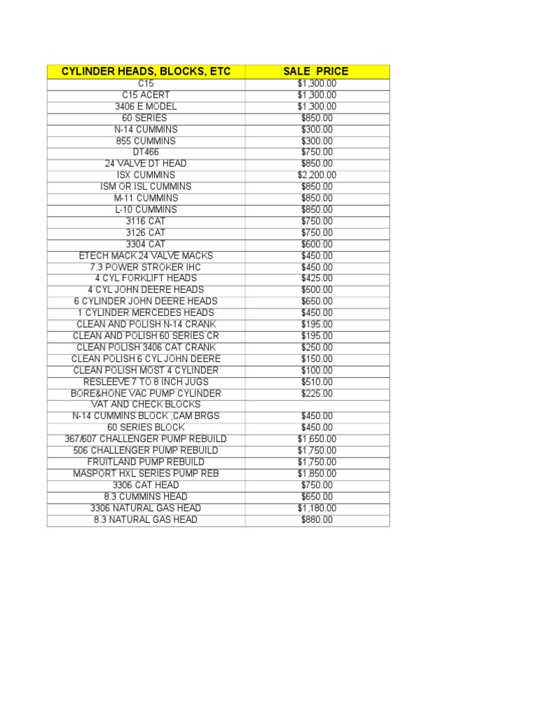 DFW Heavy Duty Machine Shop Price List
