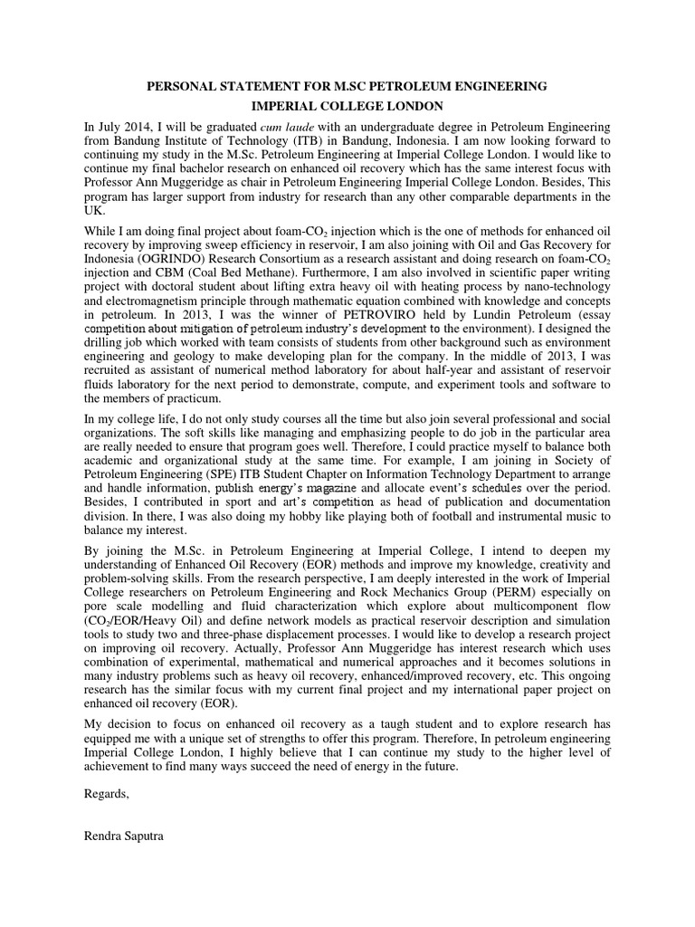 Personal Statement Imperial PDF Enhanced Oil Recovery Engineering