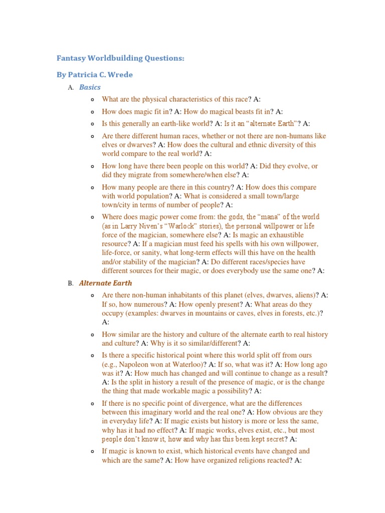 Fantasy Worldbuilding Questions: by Patricia C. Wrede: Basics | PDF ...