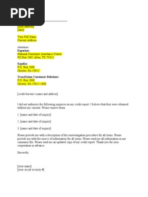 Credit Bureau Dispute Letter UNQUIRIES